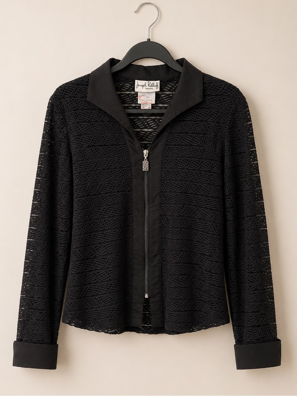 Joseph Ribkoff Sheer Sleeve Black Top Zip-Up Jacket Women’s Size 8 Evening